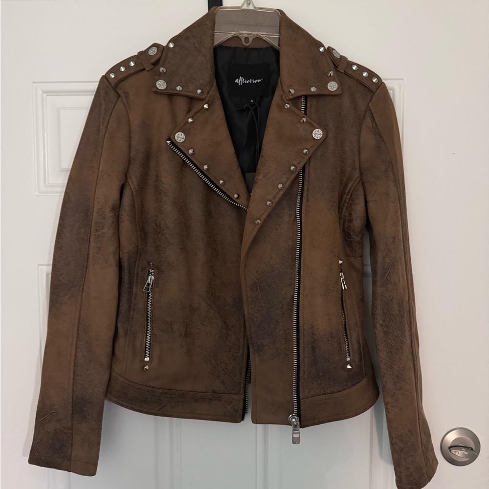 Affliction leather like bomber jacket, new with tag